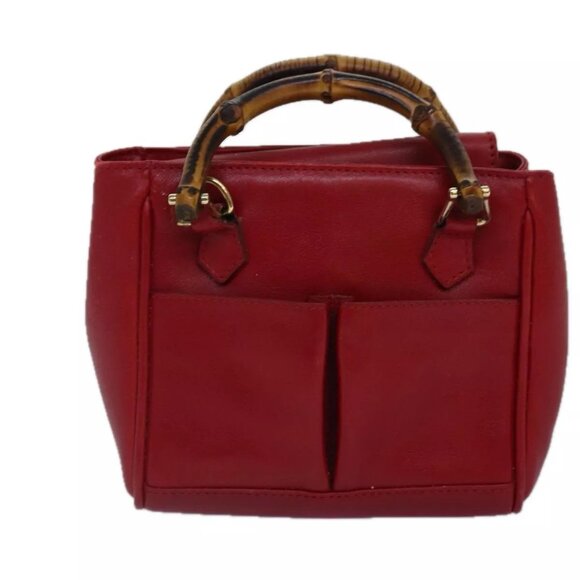 GUCCI Bamboo Hand Bag Leather 2way Red Gold - Picture 1 of 15